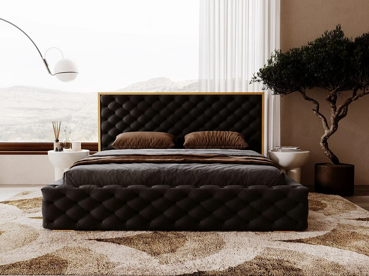 Lit rembourré avec rangement - 200 x 200 - lit double - velours - noir - Wave