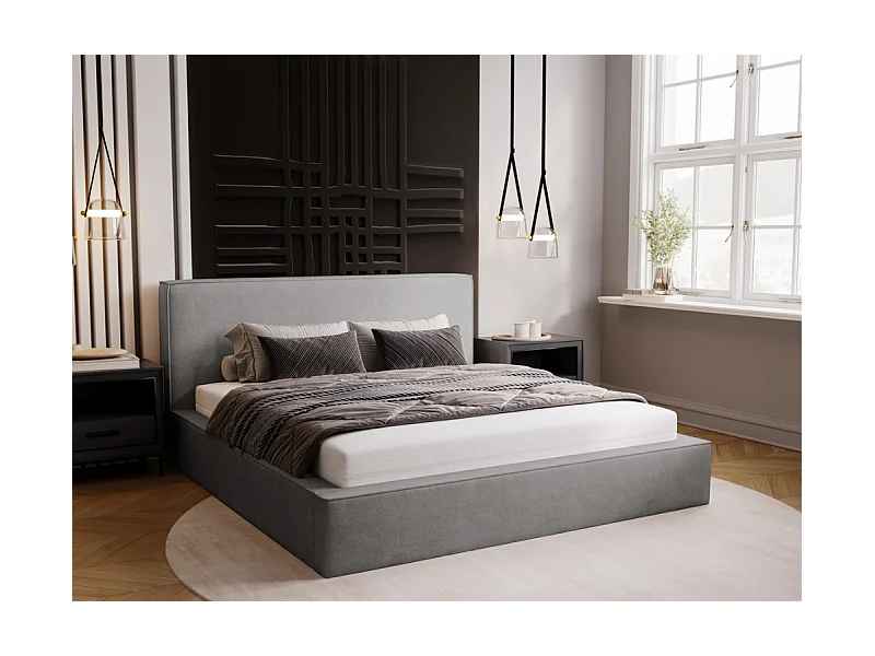 Polsterbett mit Bettkasten - 180 x 200 - Chenille-Stoff - Grau - Bett mit Lattenrost - MONACO