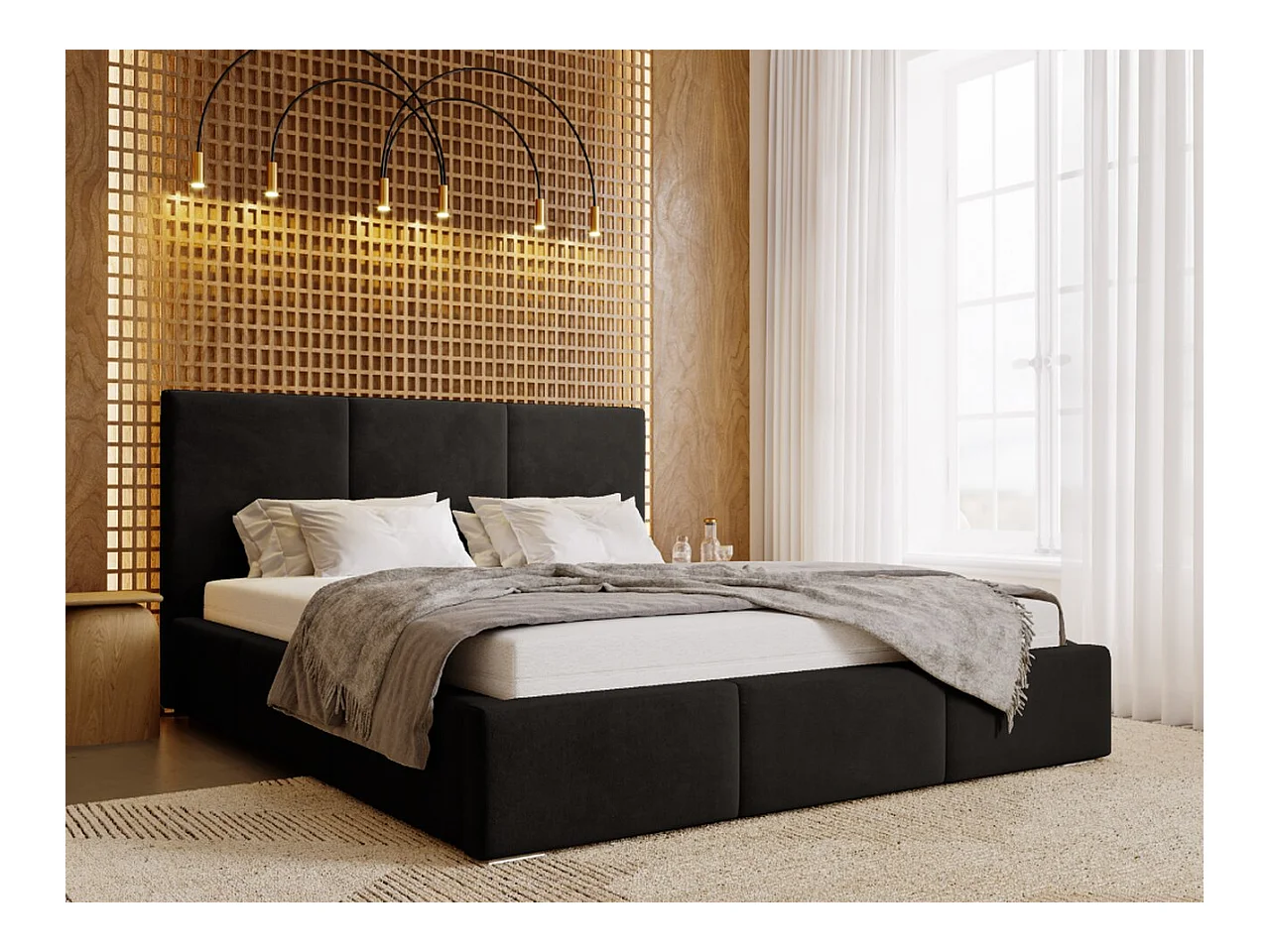 Lit rembourré avec rangement - 200 x 200 - lit double - velours - noir - Lincoln
