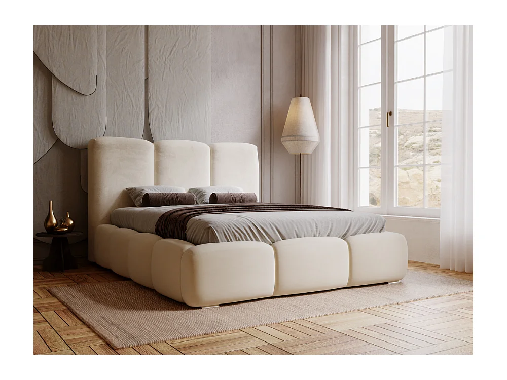 Lit rembourré avec rangement - 180 x 200 - lit double - velours - beige - Bubble