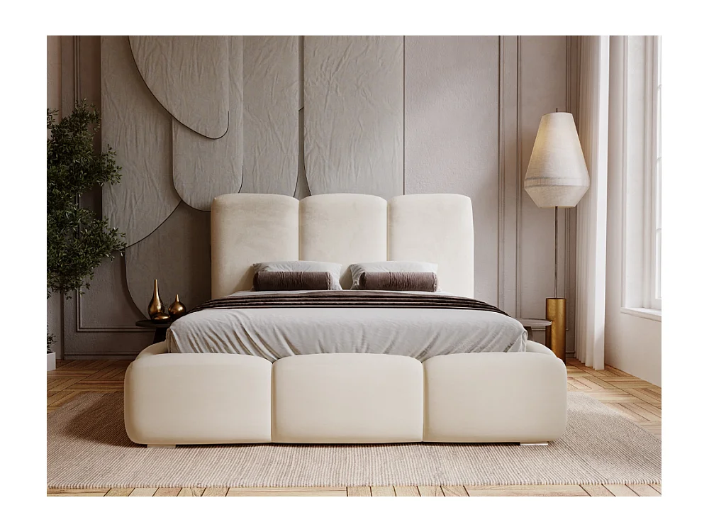 Lit rembourré avec rangement - 180 x 200 - lit double - velours - beige - Bubble