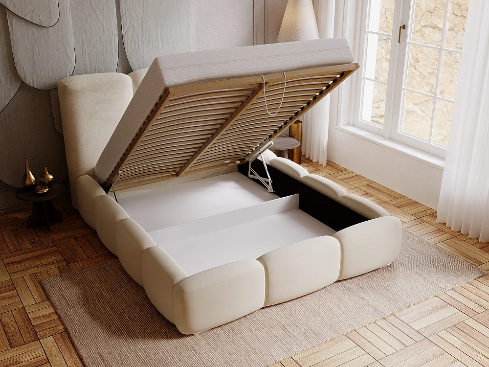 Gestoffeerd bed Bubble 180x200 beige - opbergruimte voor beddengoed, houten lattenbodem, doorgestikt hoofdbord en bedframe