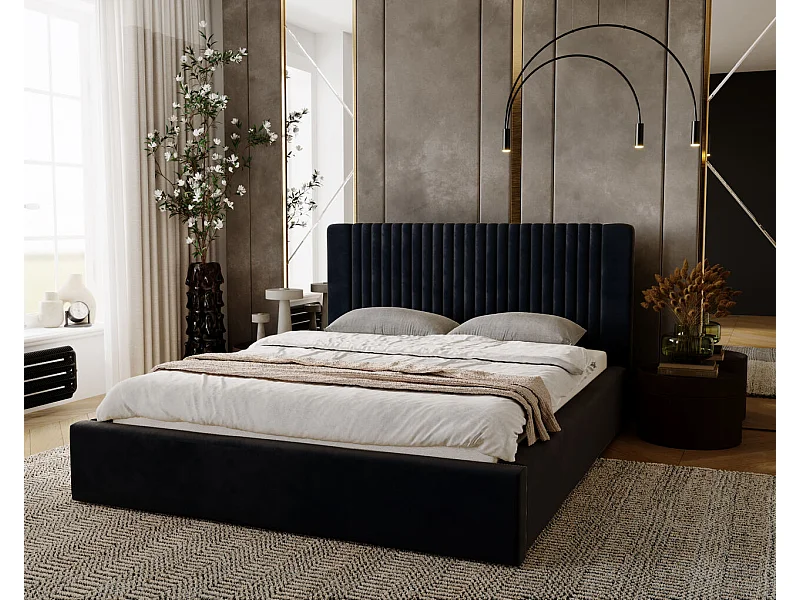 Lit rembourré avec rangement - 200 x 200 - lit double - velours - marine - Malmo