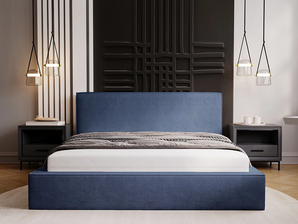 Lit rembourré avec rangement - 200 x 200 - lit double - velours - bleu - Monaco
