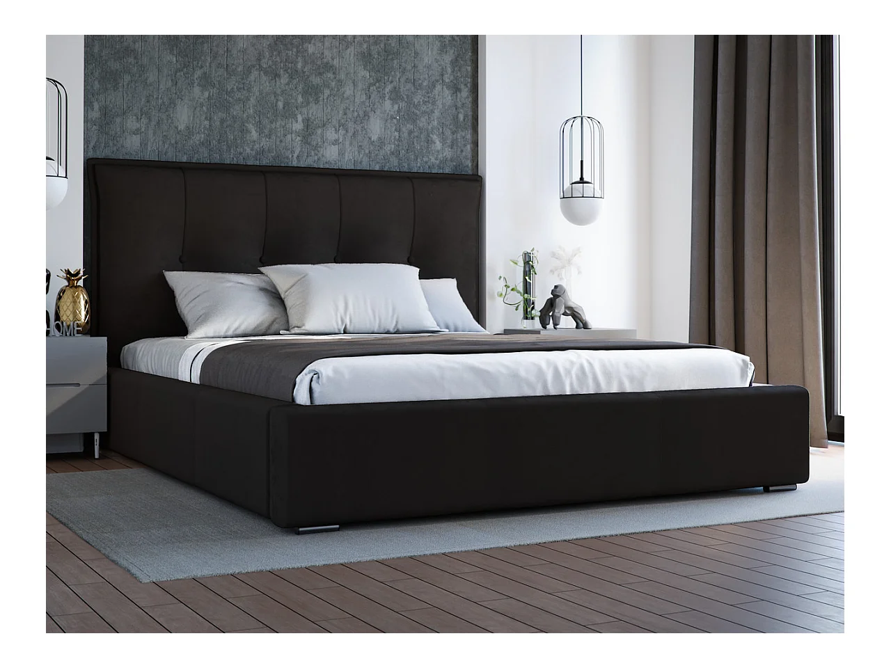 Lit rembourré avec rangement - 140 x 200 - lit double - velours - noir - Valencia