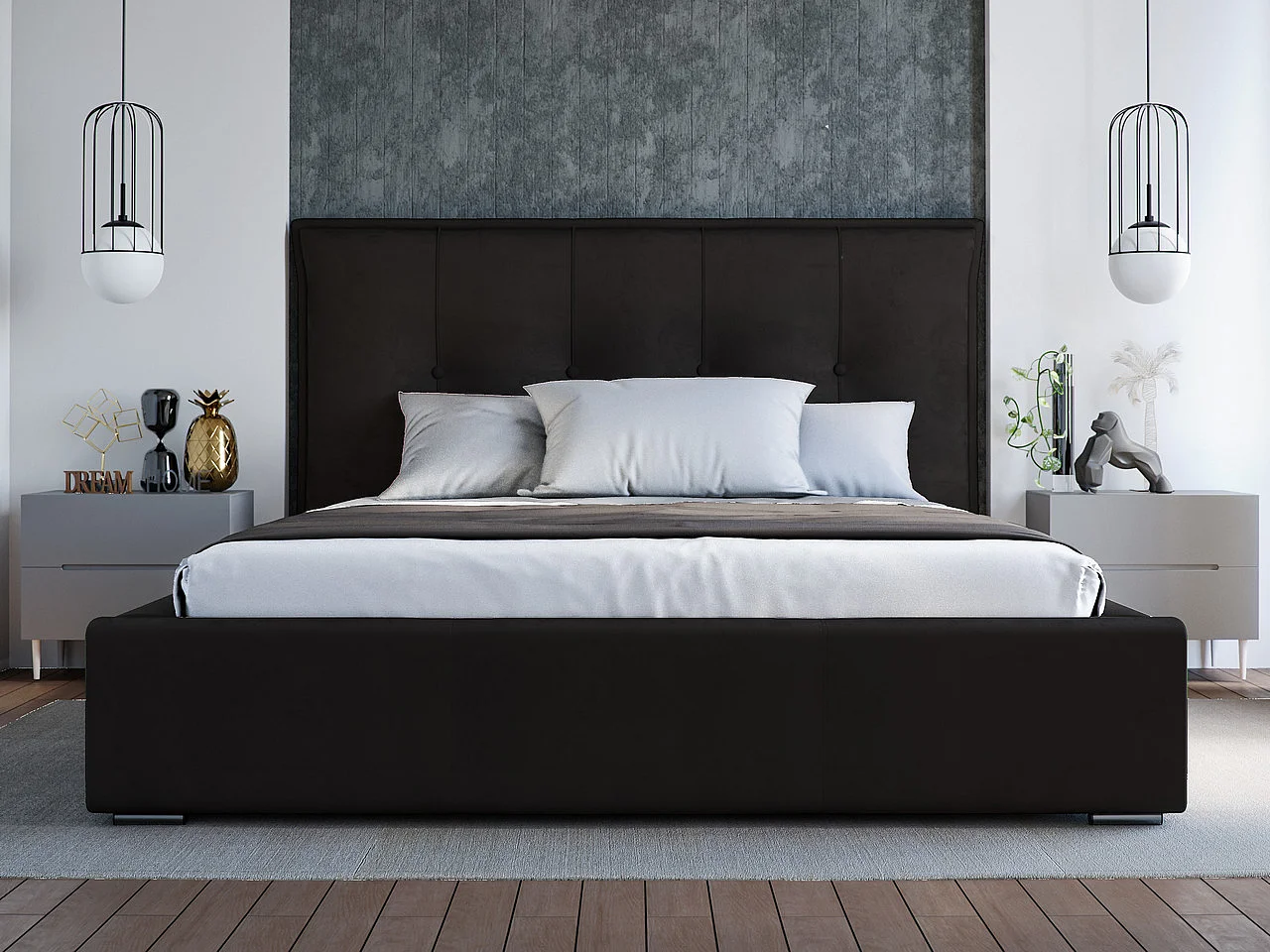 Polsterbett mit Bettkasten - 140 x 200 - Samtstoff - Schwarz - Bett mit Lattenrost - VALENCIA