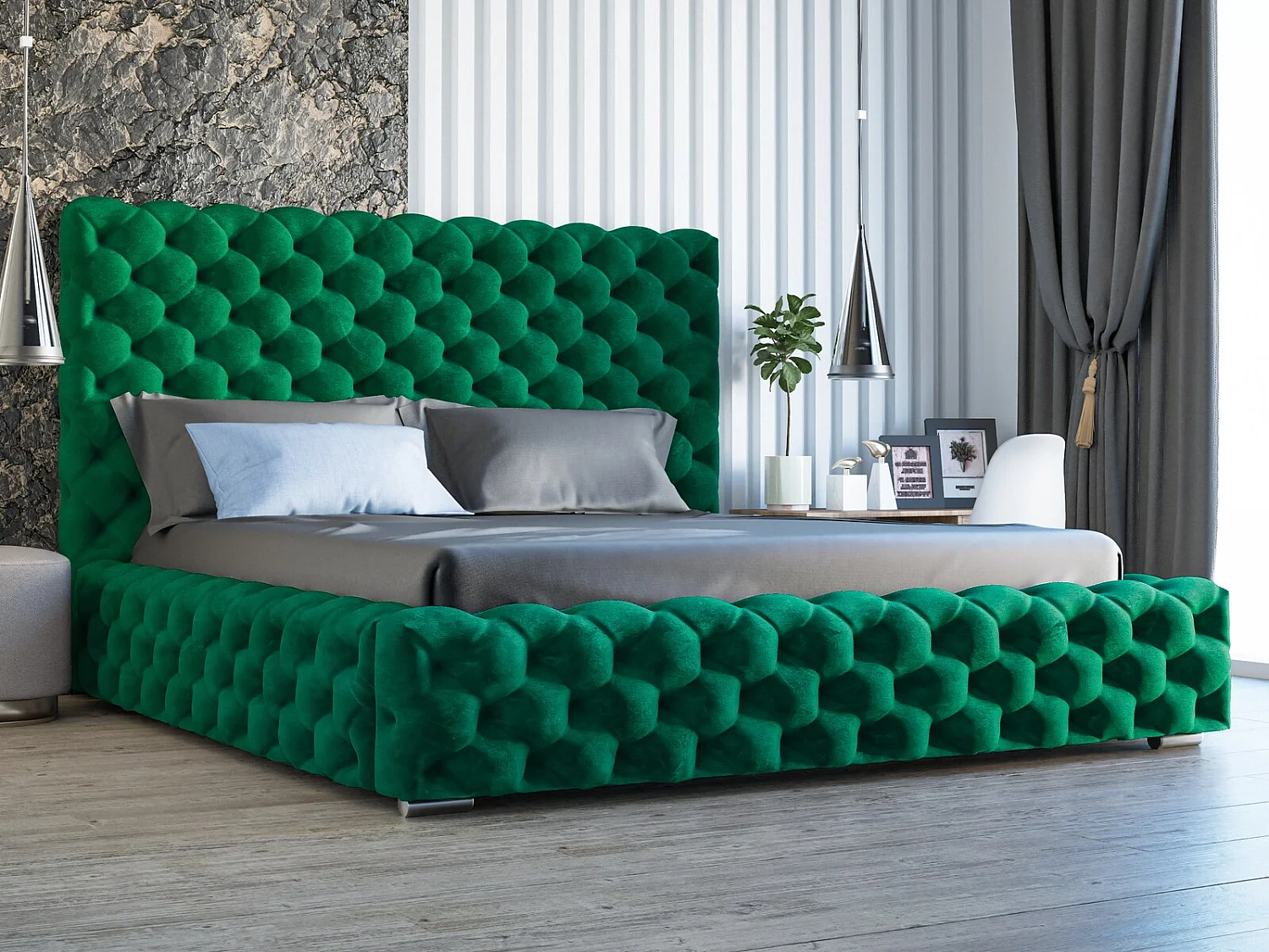 Gestoffeerd bed Heaven 120x200 groen - opbergruimte voor beddengoed, houten lattenbodem, doorgestikt hoofdbord en bedframe