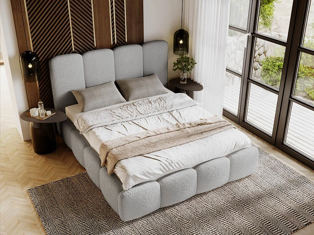 Lit rembourré avec rangement - 140 x 200 - lit double - bouclé - gris clair - Galli