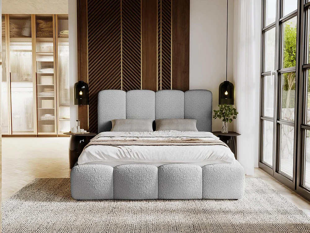 Lit rembourré avec rangement - 140 x 200 - lit double - bouclé - gris clair - Galli