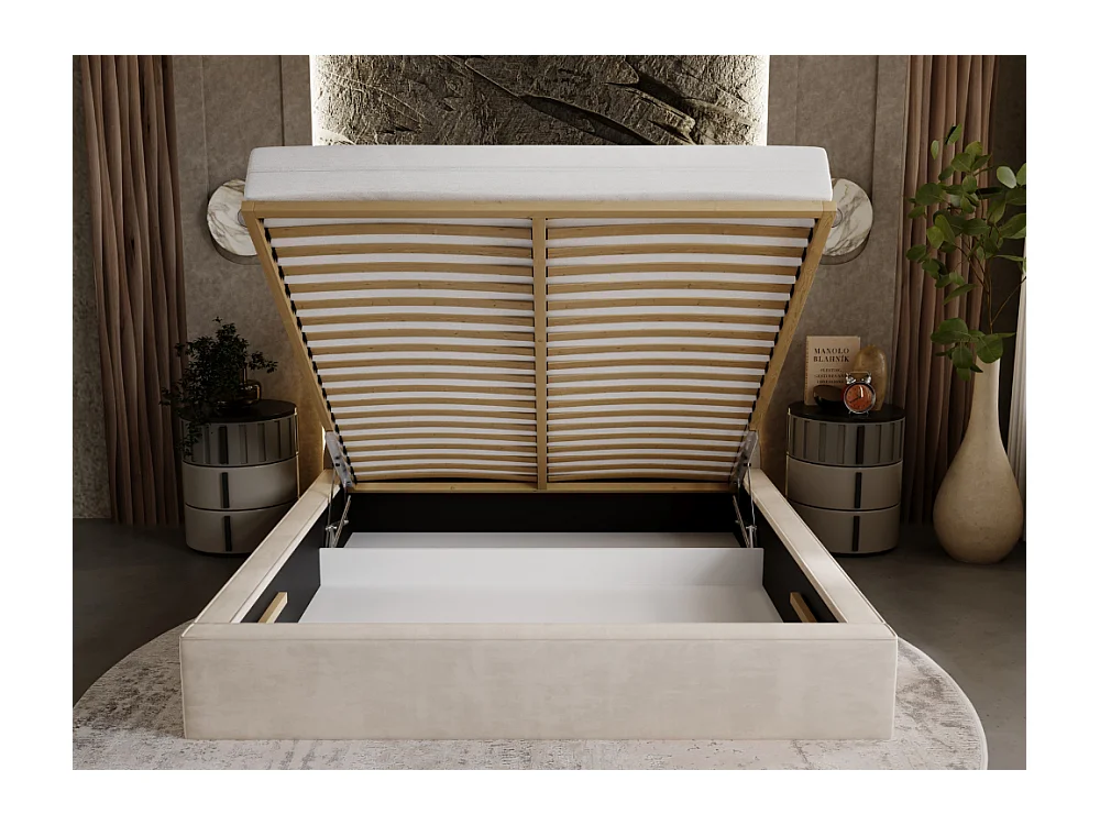 Lit rembourré avec rangement - 140 x 200 - lit double - velours - beige - Apollo