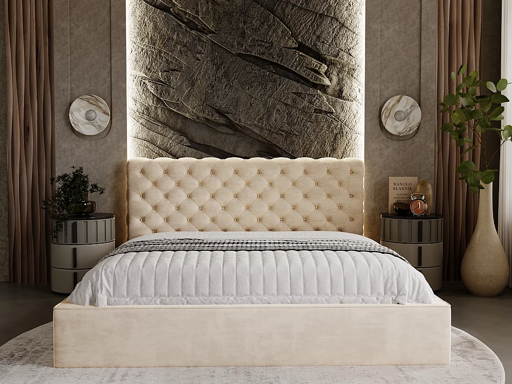 Lit rembourré avec rangement - 140 x 200 - lit double - velours - beige - Apollo