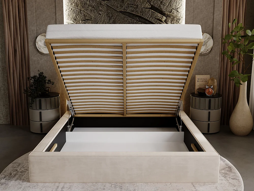 Lit rembourré avec rangement - 140 x 200 - lit double - velours - beige - Apollo