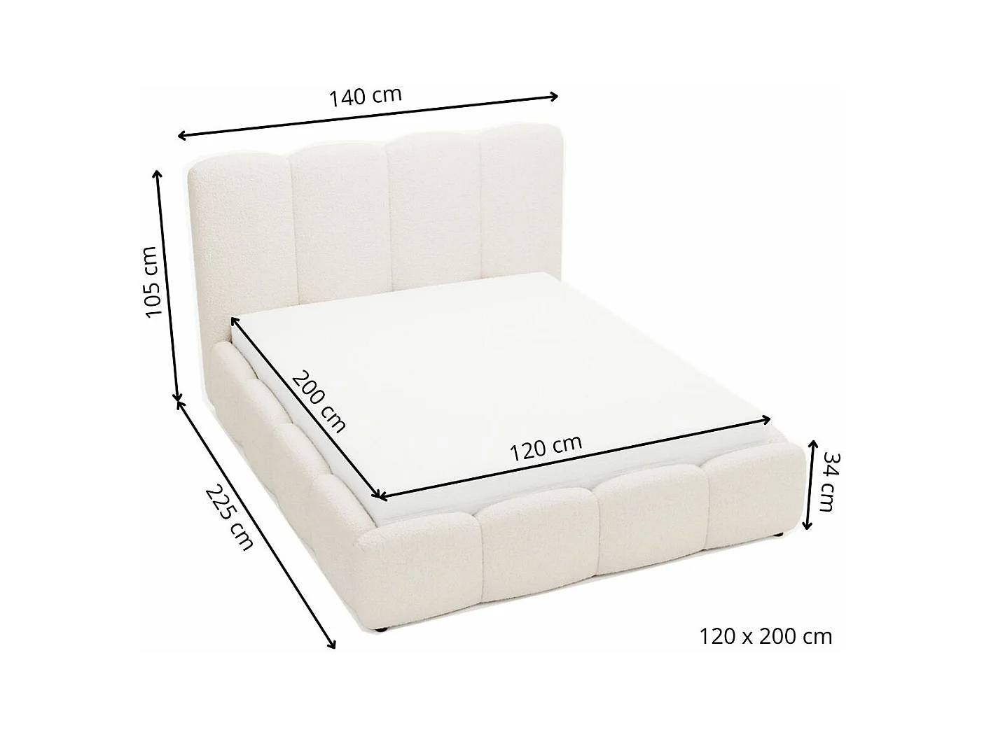 Lit rembourré avec rangement - 120 x 200 - lit double - bouclé - beige - Galli