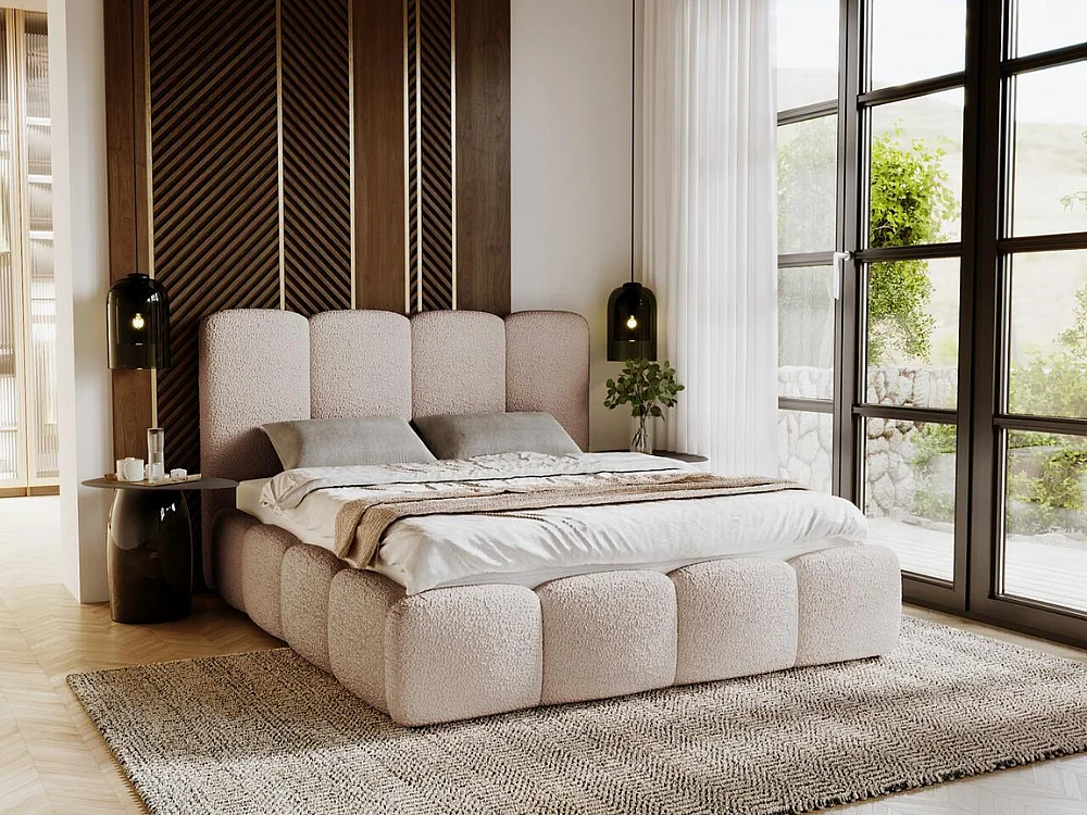 Gestoffeerd bed Galli 120x200 beige - opbergruimte voor beddengoed, houten lattenbodem, doorgestikt hoofdbord en bedframe