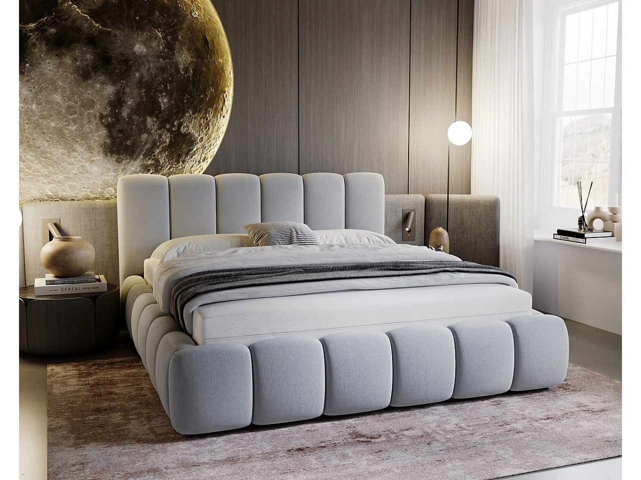 Gestoffeerd bed Cloud 120x200 lichtgrijs - opbergruimte voor beddengoed, houten lattenbodem, doorgestikt hoofdbord en bedframe