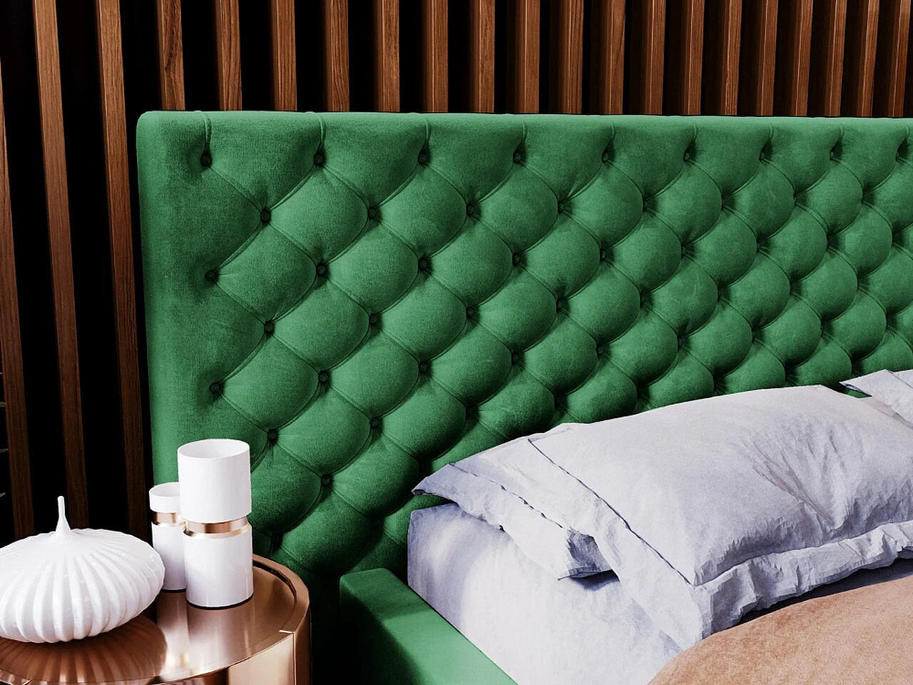 Gestoffeerd bed Madera 140x200 groen - opbergruimte voor beddengoed, houten lattenbodem, doorgestikt hoofdbord en bedframe