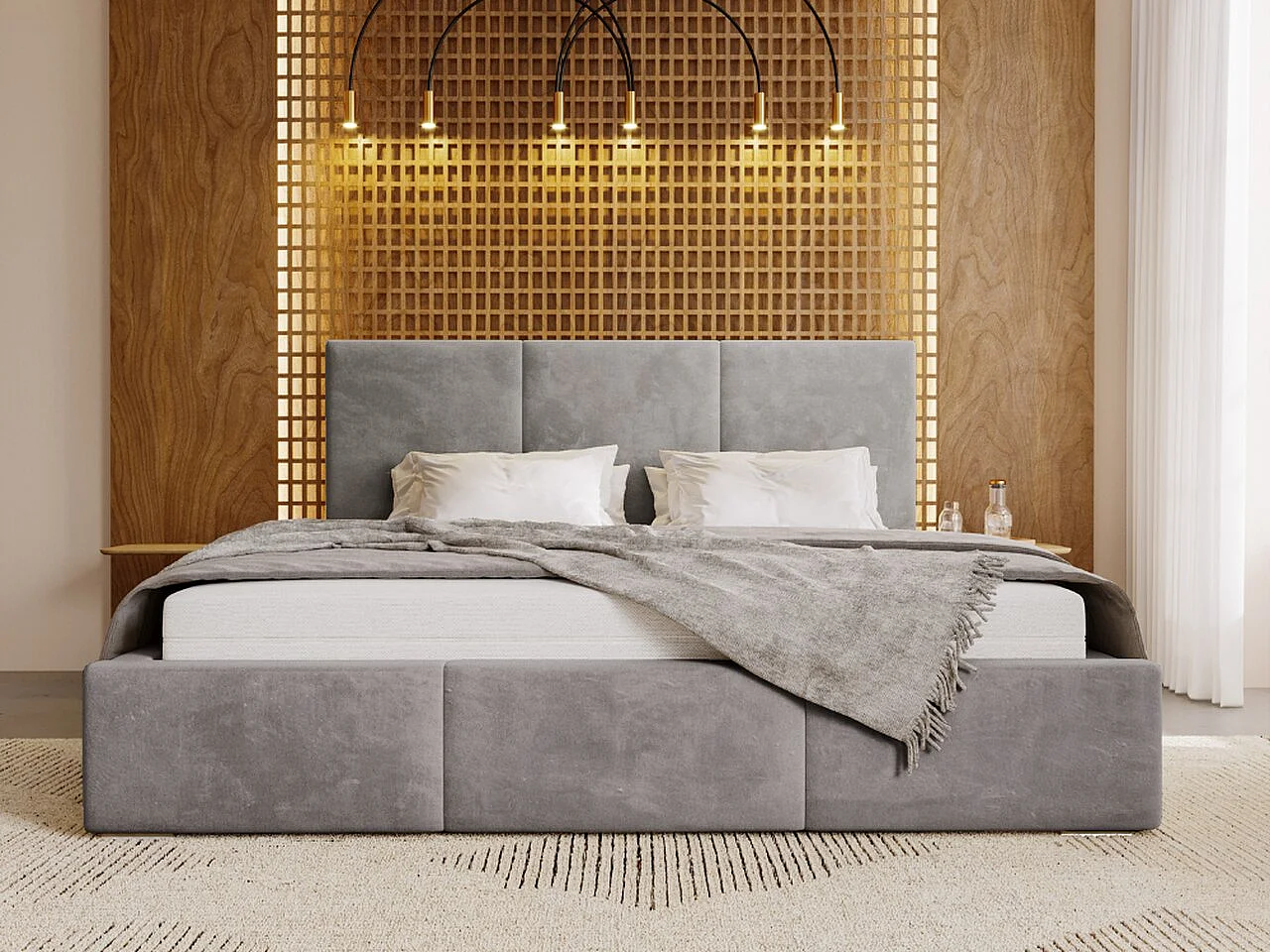 Lit rembourré avec rangement - 160 x 200 - lit double - velours - gris - Lincoln