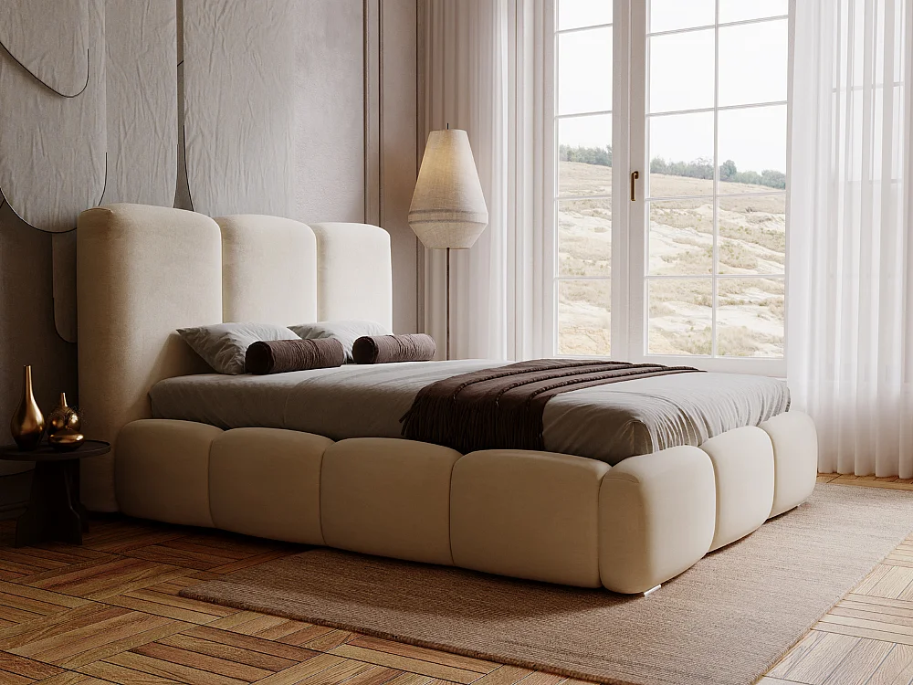 Gestoffeerd bed Bubble 200x200 beige - opbergruimte voor beddengoed, houten lattenbodem, doorgestikt hoofdbord en bedframe