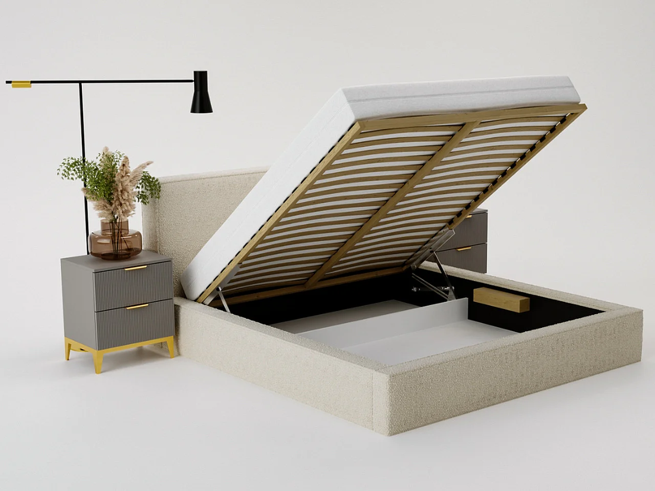 Lit rembourré avec rangement - 120 x 200 - lit double - bouclé - marron - Monaco