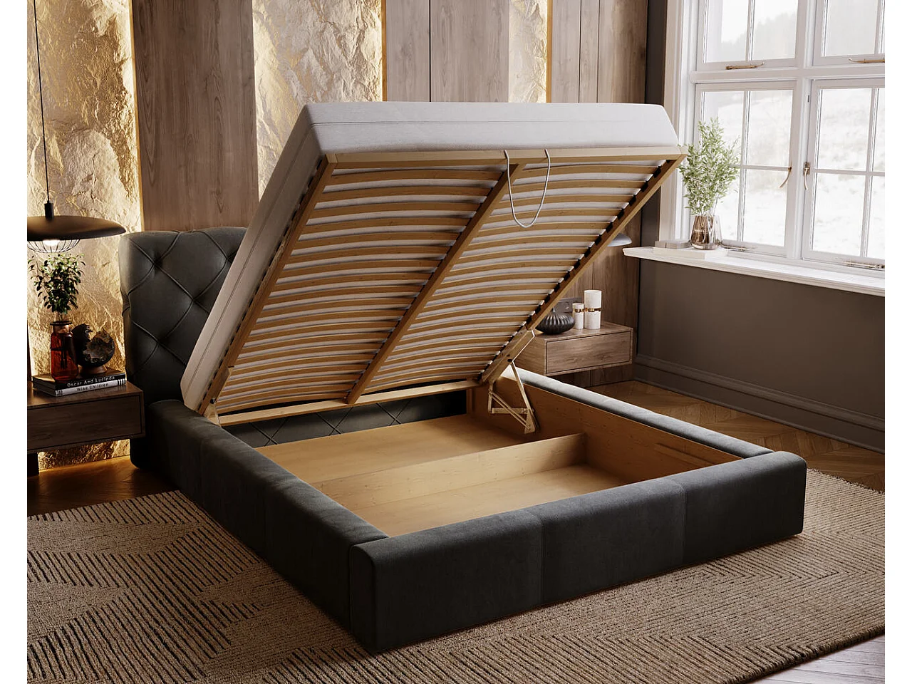 Lit rembourré avec rangement - 140 x 200 - lit double - velours - gris - Milano