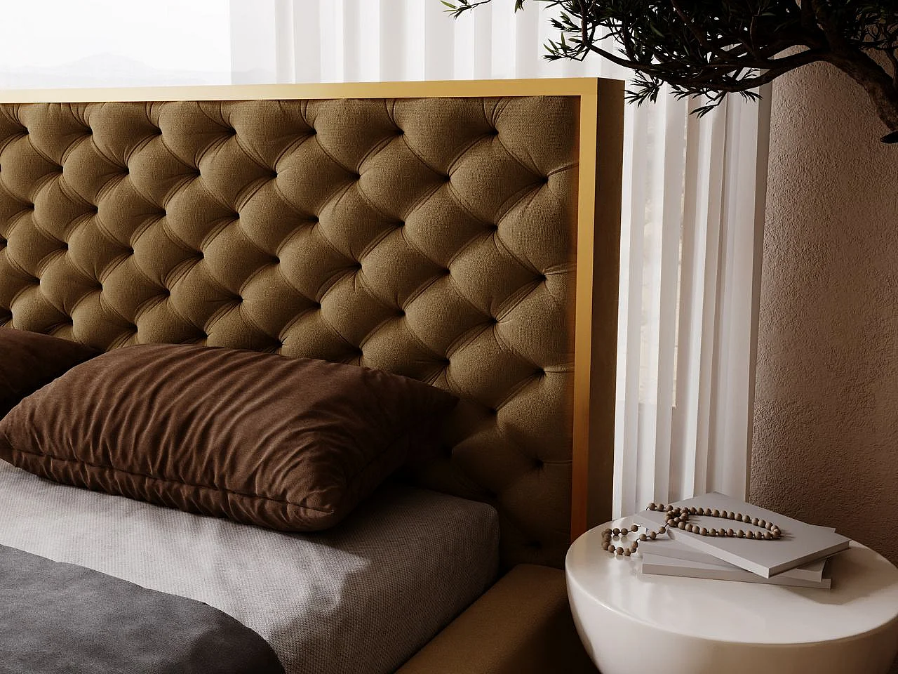 Lit rembourré avec rangement - 120 x 200 - lit double - velours - marron - Bonito