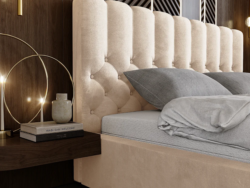 Gestoffeerd bed Roma 120x200 beige - opbergruimte voor beddengoed, houten lattenbodem, doorgestikt hoofdbord en bedframe