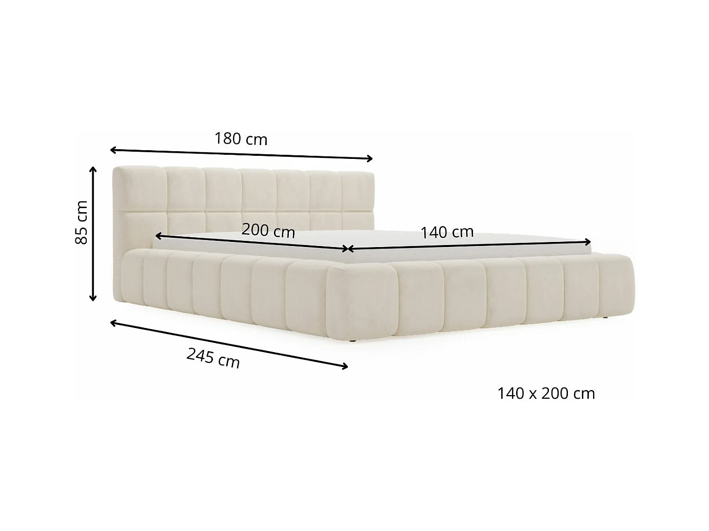 Lit rembourré avec rangement - 140 x 200 - lit double - velours - beige - Alicante