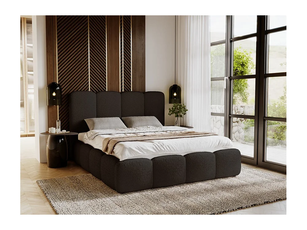 Lit rembourré avec rangement - 180 x 200 - lit double - bouclé - noir - Galli