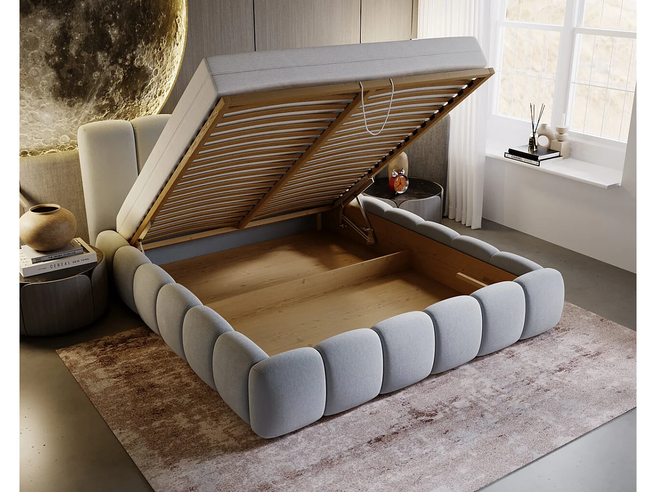 Gestoffeerd bed Cloud 140x200 lichtgrijs - opbergruimte voor beddengoed, houten lattenbodem, doorgestikt hoofdbord en bedframe