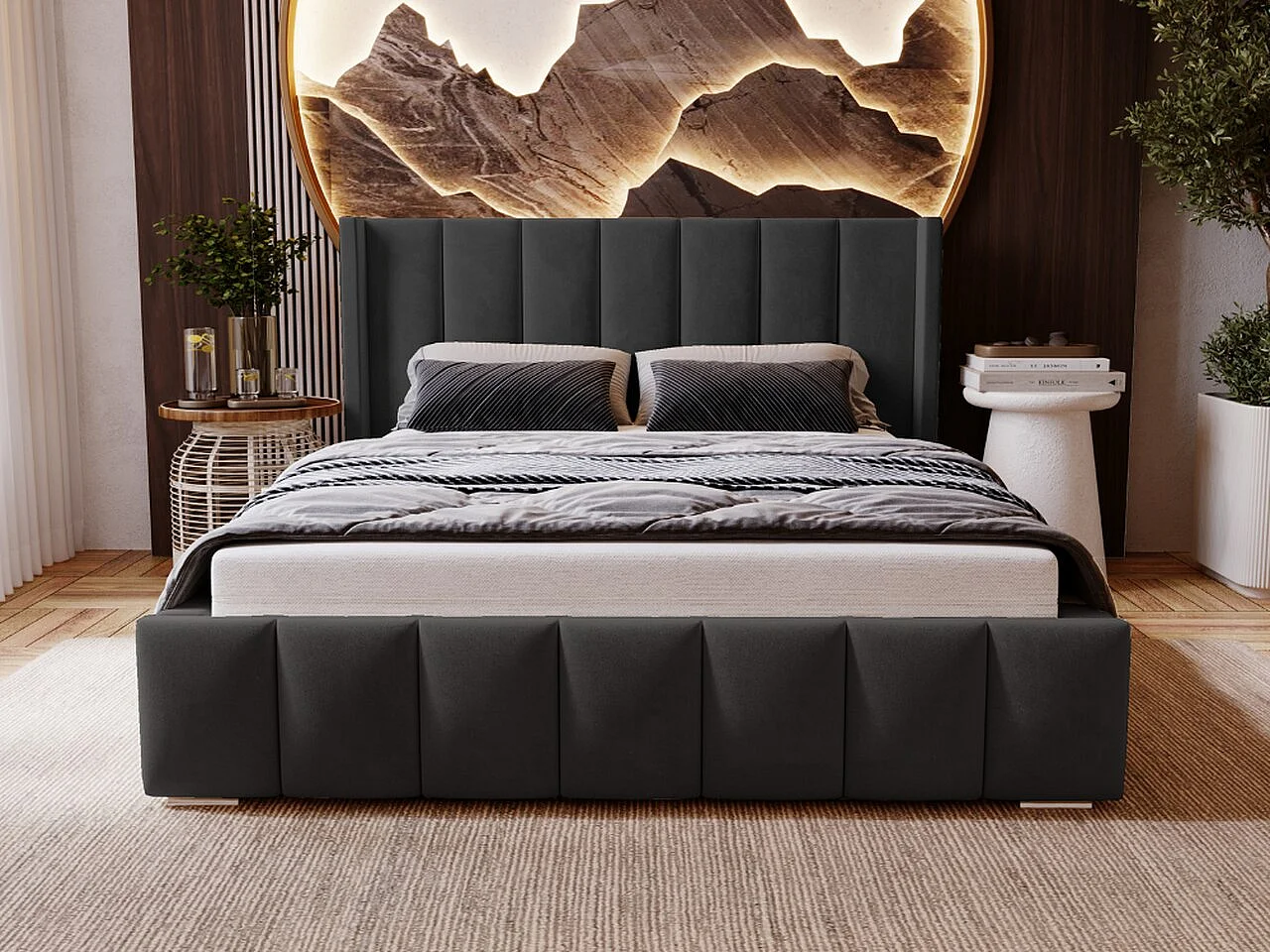 Lit rembourré avec rangement - 180 x 200 - lit double - velours - noir - Marano