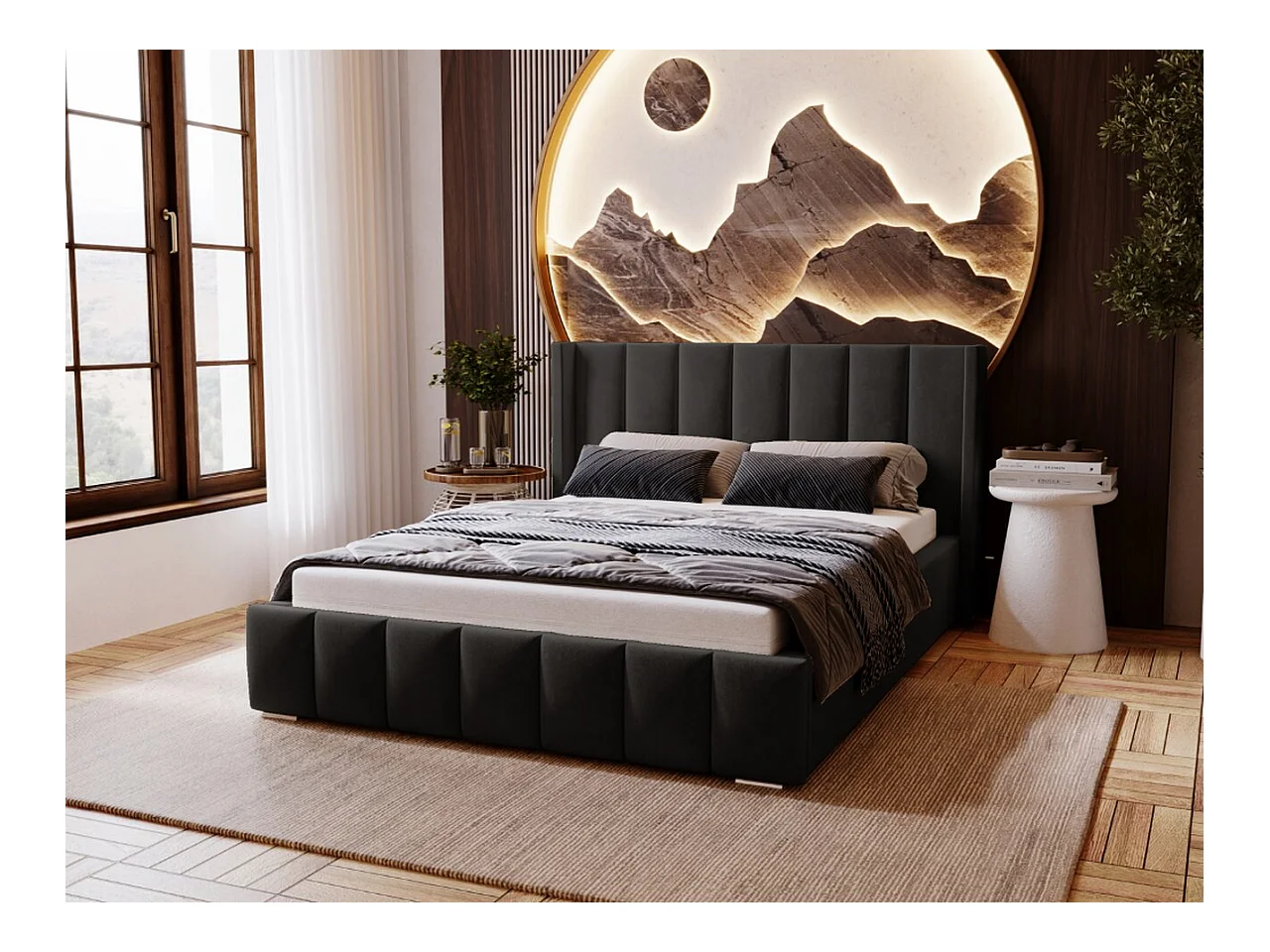 Lit rembourré avec rangement - 180 x 200 - lit double - velours - noir - Marano