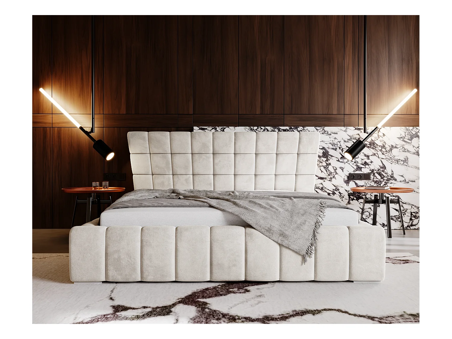 Lit rembourré avec rangement - 160 x 200 - lit double - velours - beige - Paris