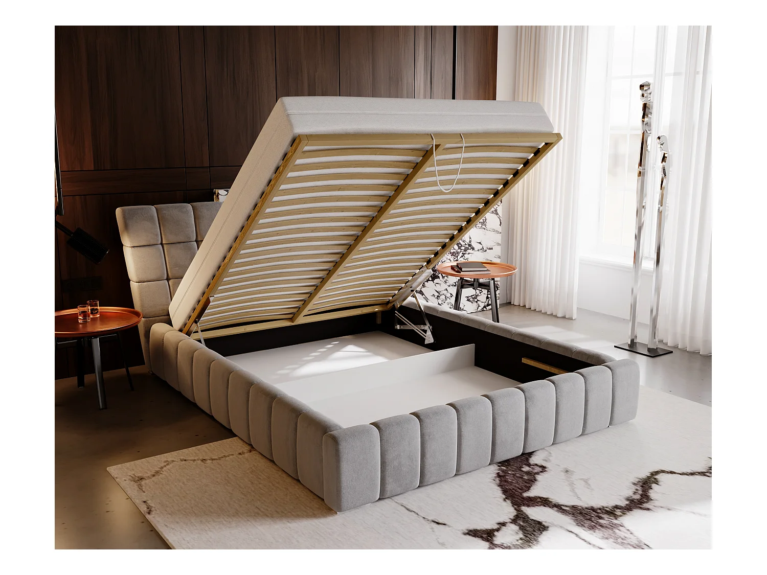 Lit rembourré avec rangement - 160 x 200 - lit double - velours - beige - Paris