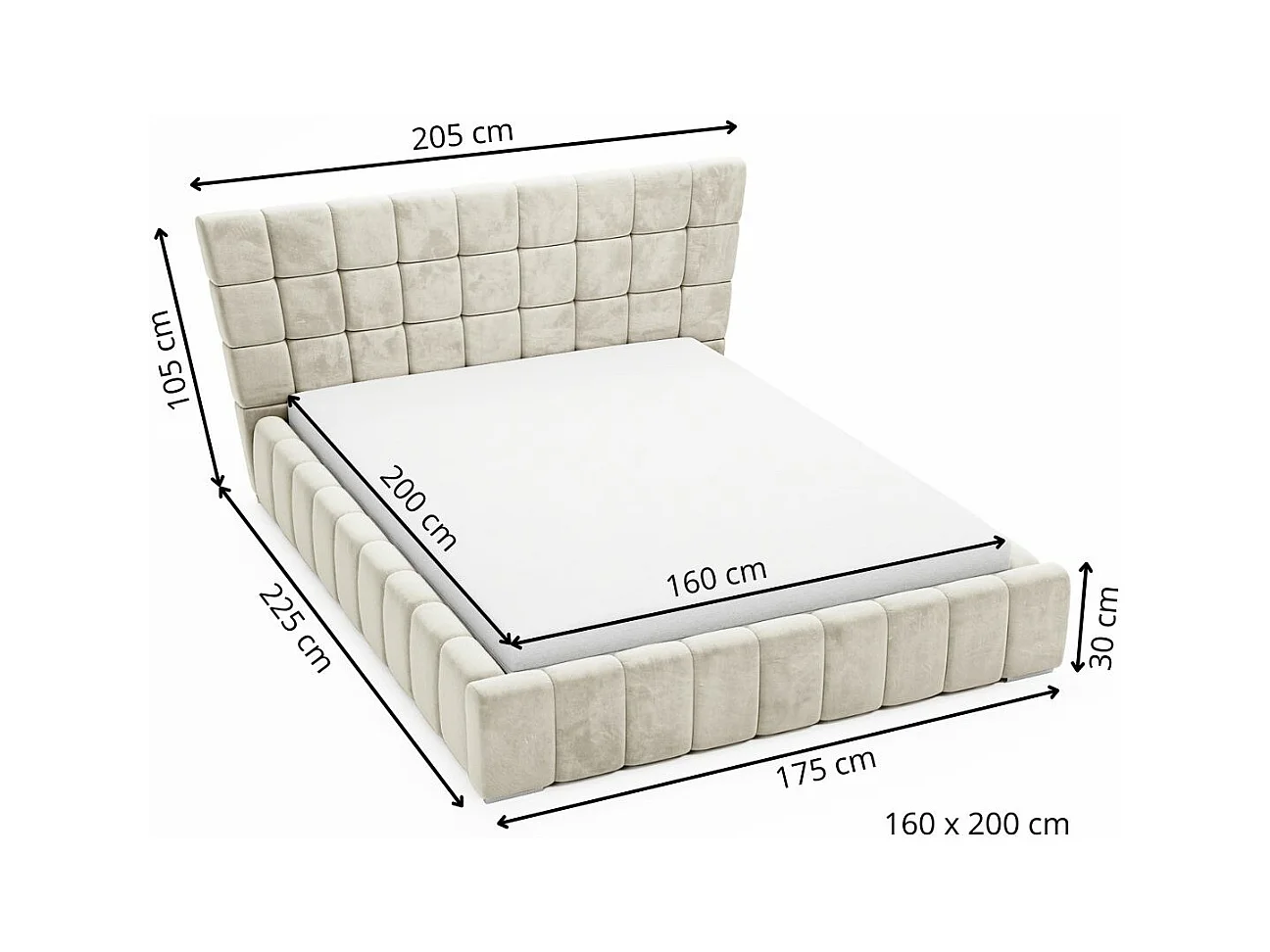 Lit rembourré avec rangement - 160 x 200 - lit double - velours - beige - Paris