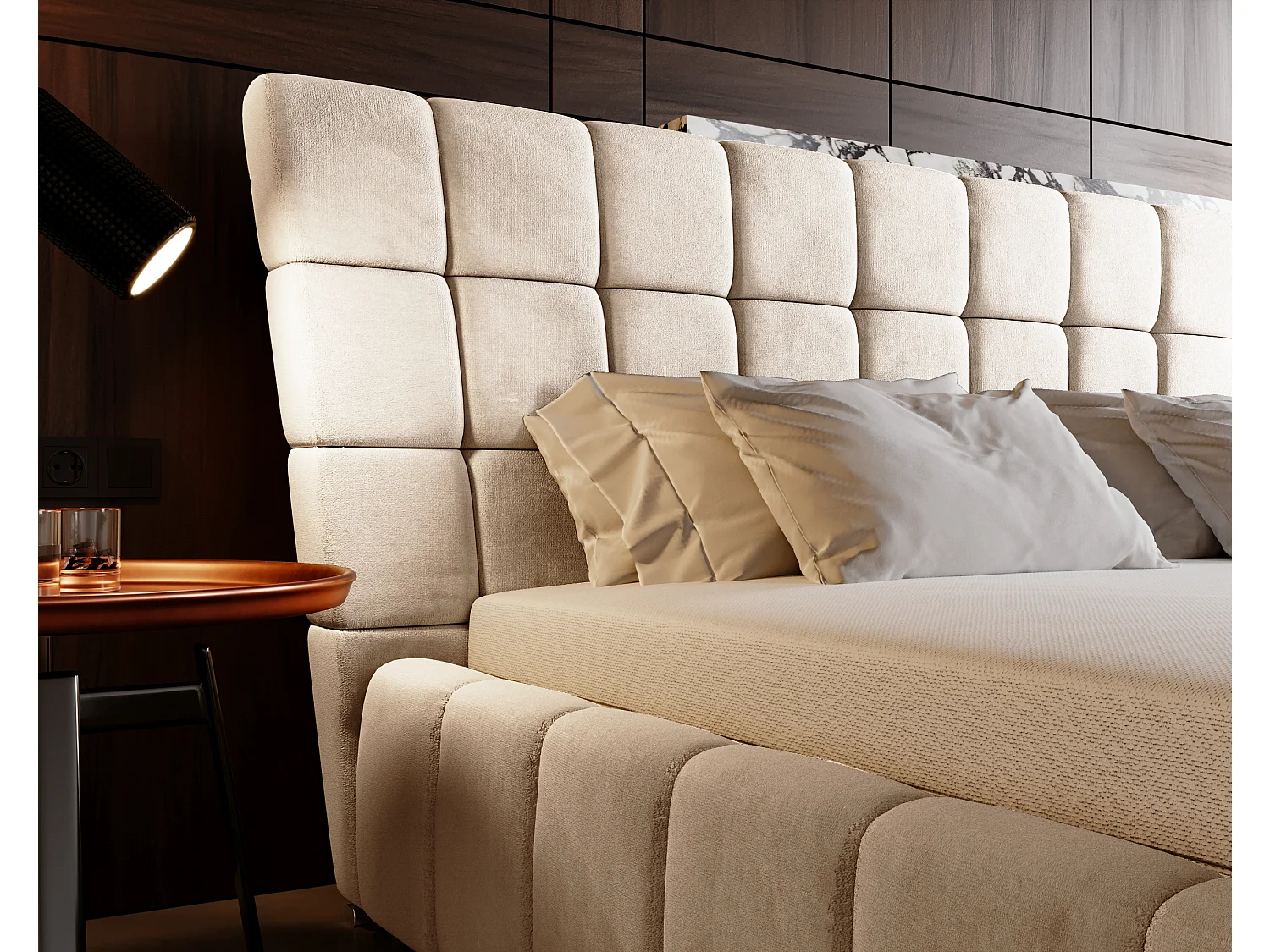 Lit rembourré avec rangement - 160 x 200 - lit double - velours - beige - Paris