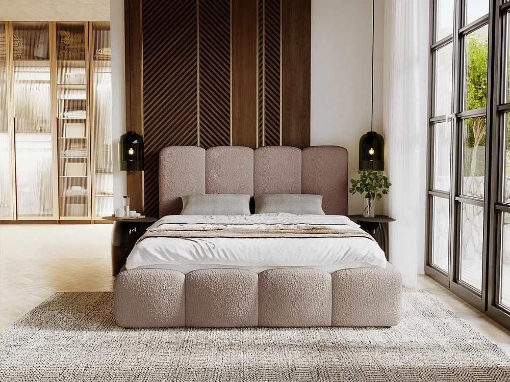 Lit rembourré avec rangement - 180 x 200 - lit double - bouclé - marron - Galli