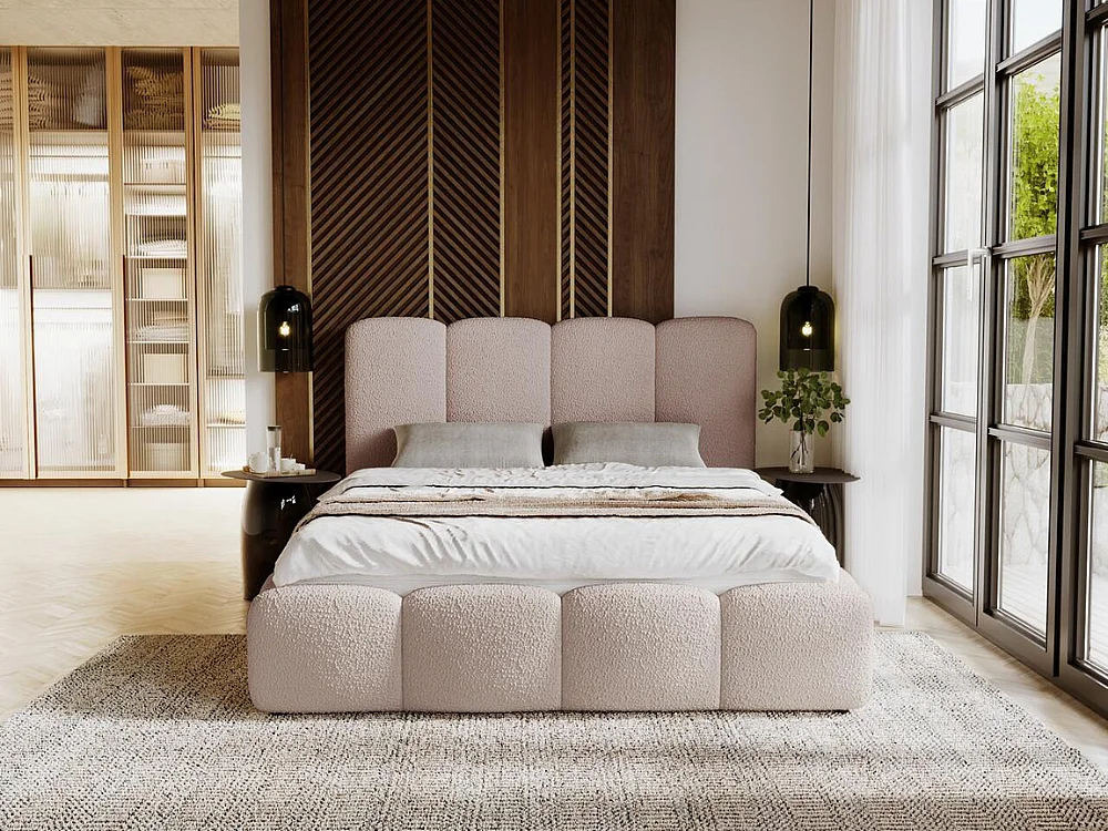 Gestoffeerd bed Galli 180x200 beige - opbergruimte voor beddengoed, houten lattenbodem, doorgestikt hoofdbord en bedframe