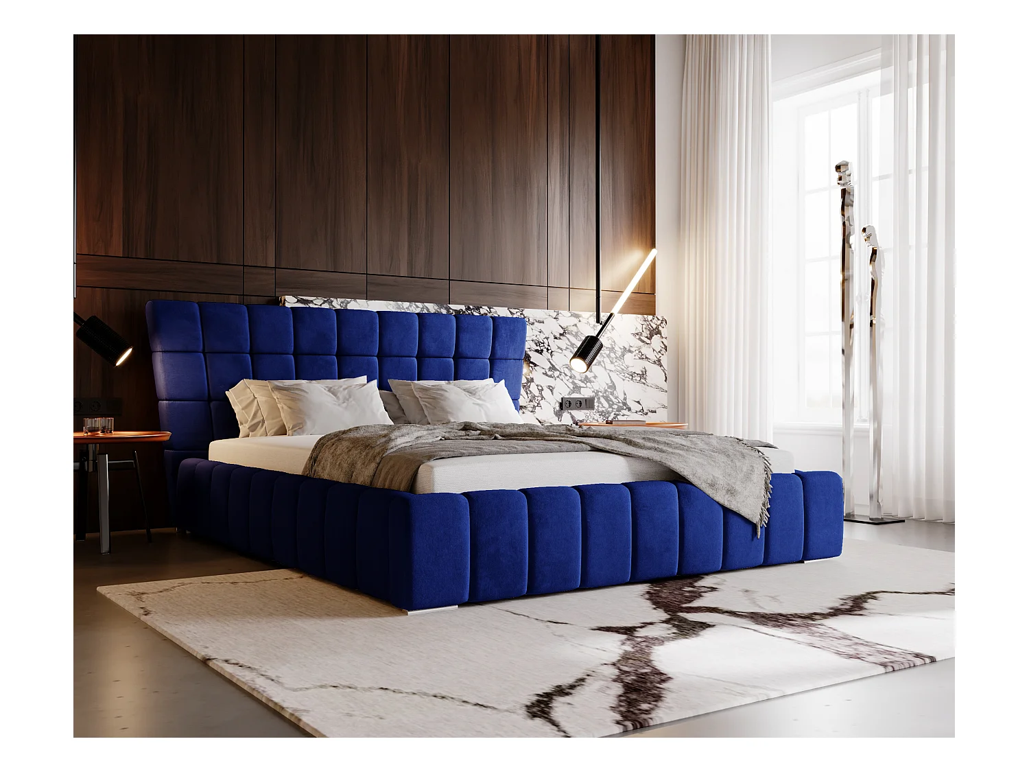 Lit rembourré avec rangement - 120 x 200 - lit double - velours - bleu - Paris