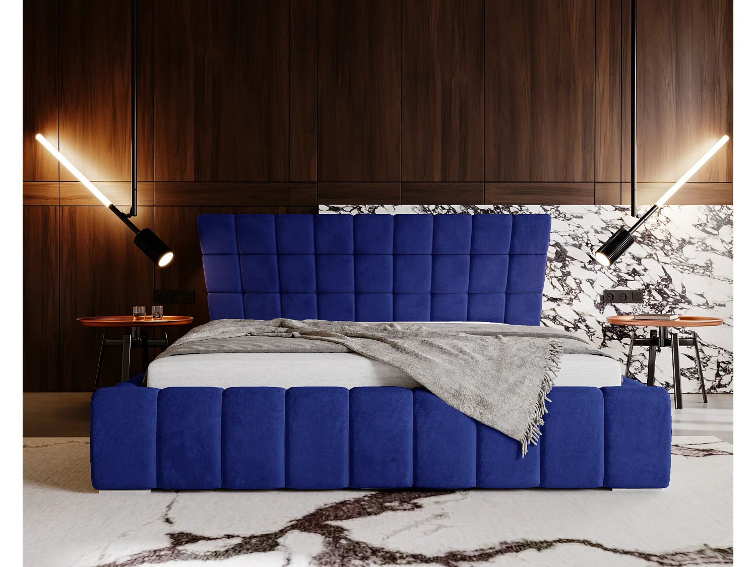 Lit rembourré avec rangement - 120 x 200 - lit double - velours - bleu - Paris