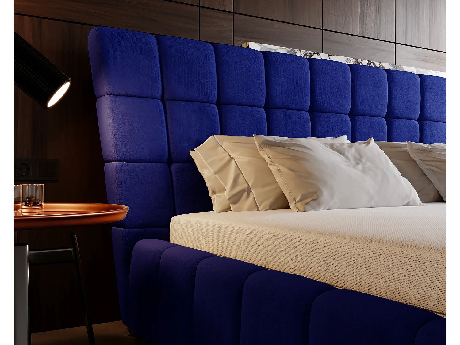 Lit rembourré avec rangement - 120 x 200 - lit double - velours - bleu - Paris