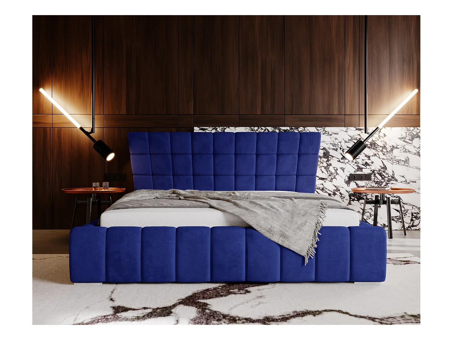 Polsterbett mit Bettkasten - 180 x 200 - Samtstoff - Blau - Bett mit Lattenrost - PARIS