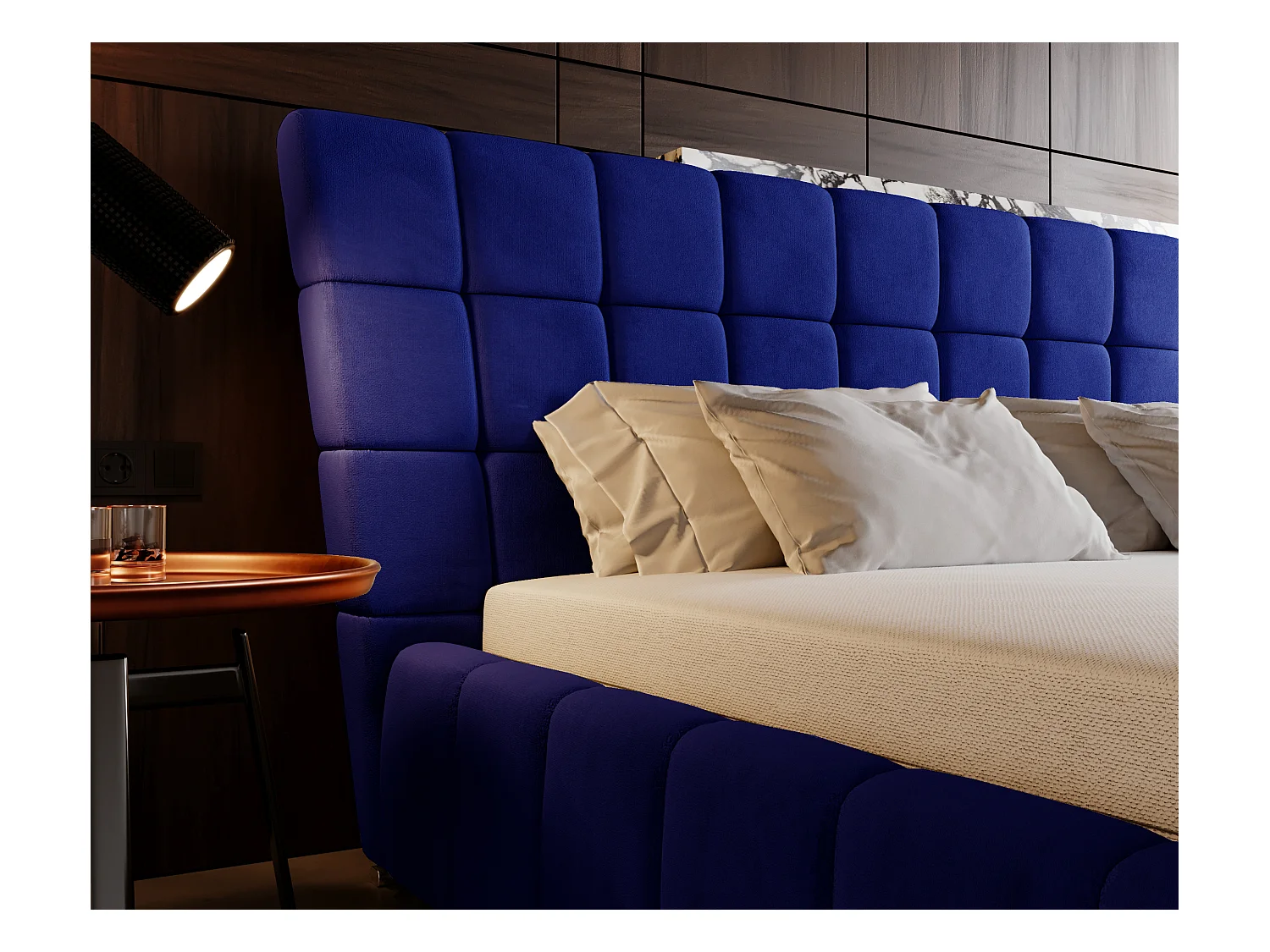 Polsterbett mit Bettkasten - 180 x 200 - Samtstoff - Blau - Bett mit Lattenrost - PARIS