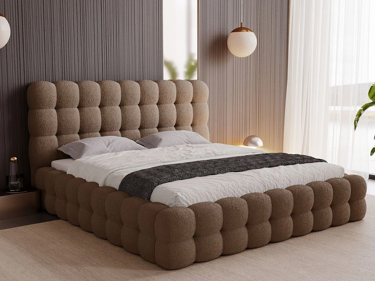 Gestoffeerd bed Twist 120x200 bruin - opbergruimte voor beddengoed, houten lattenbodem, doorgestikt hoofdbord en bedframe