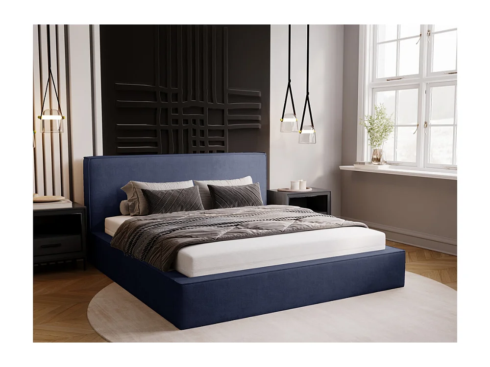 Lit rembourré avec rangement - 120 x 200 - lit double - velours - bleu - Monaco