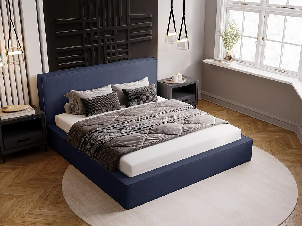 Gestoffeerd bed Monaco 120x200 blauw - opbergruimte voor beddengoed, houten lattenbodem, doorgestikt hoofdbord en bedframe