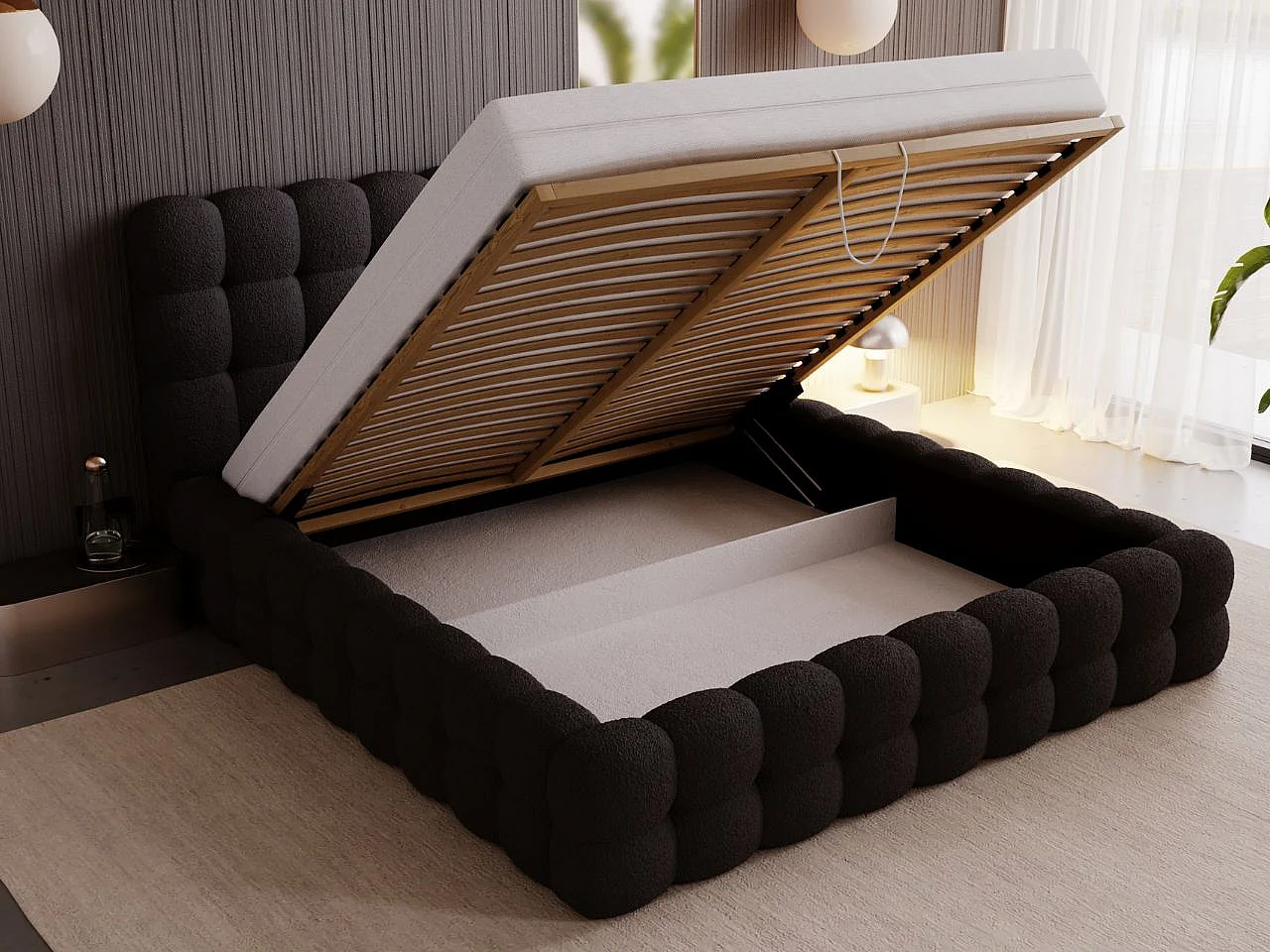 Gestoffeerd bed Twist 140x200 zwart - opbergruimte voor beddengoed, houten lattenbodem, doorgestikt hoofdbord en bedframe