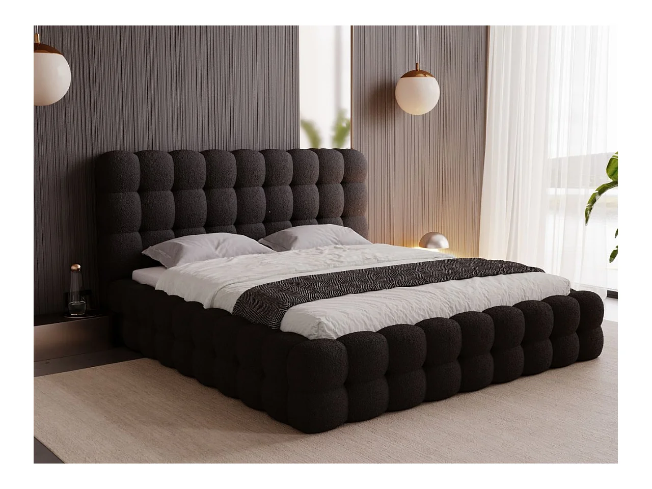 Lit rembourré avec rangement - 140 x 200 - lit double - bouclé - noir - Twist