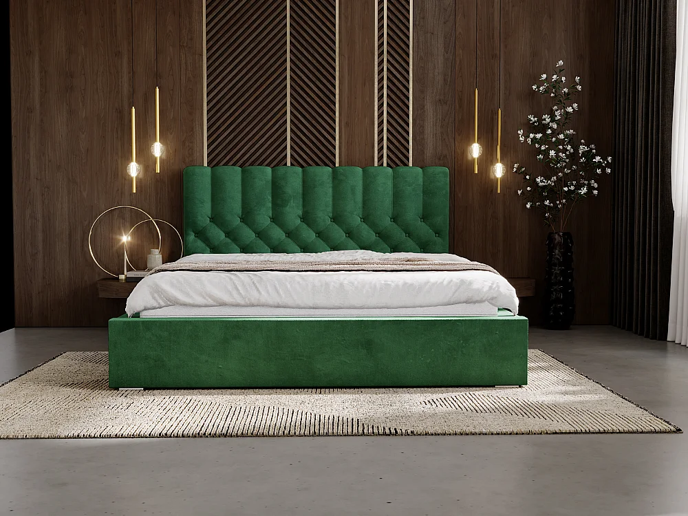 Gestoffeerd bed Roma 140x200 groen - opbergruimte voor beddengoed, houten lattenbodem, doorgestikt hoofdbord en bedframe