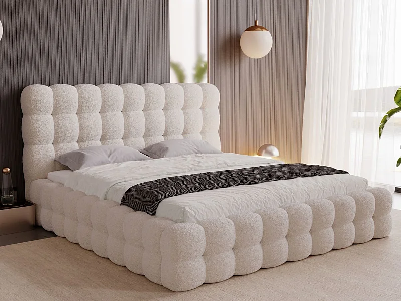 Gestoffeerd bed Twist 140x200  beige - opbergruimte voor beddengoed, houten lattenbodem, doorgestikt hoofdbord en bedframe