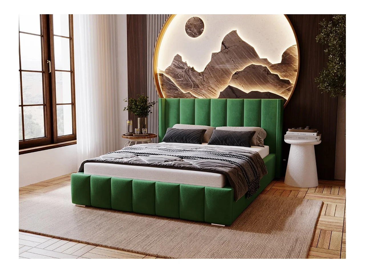 Lit rembourré avec rangement - 180 x 200 - lit double - velours - vert - Marano